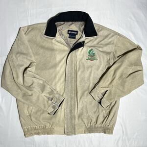 Vintage 2004 Heineken Bomber Jacket Mens XL Tan Suede Zip Lined Y2K Outerwear